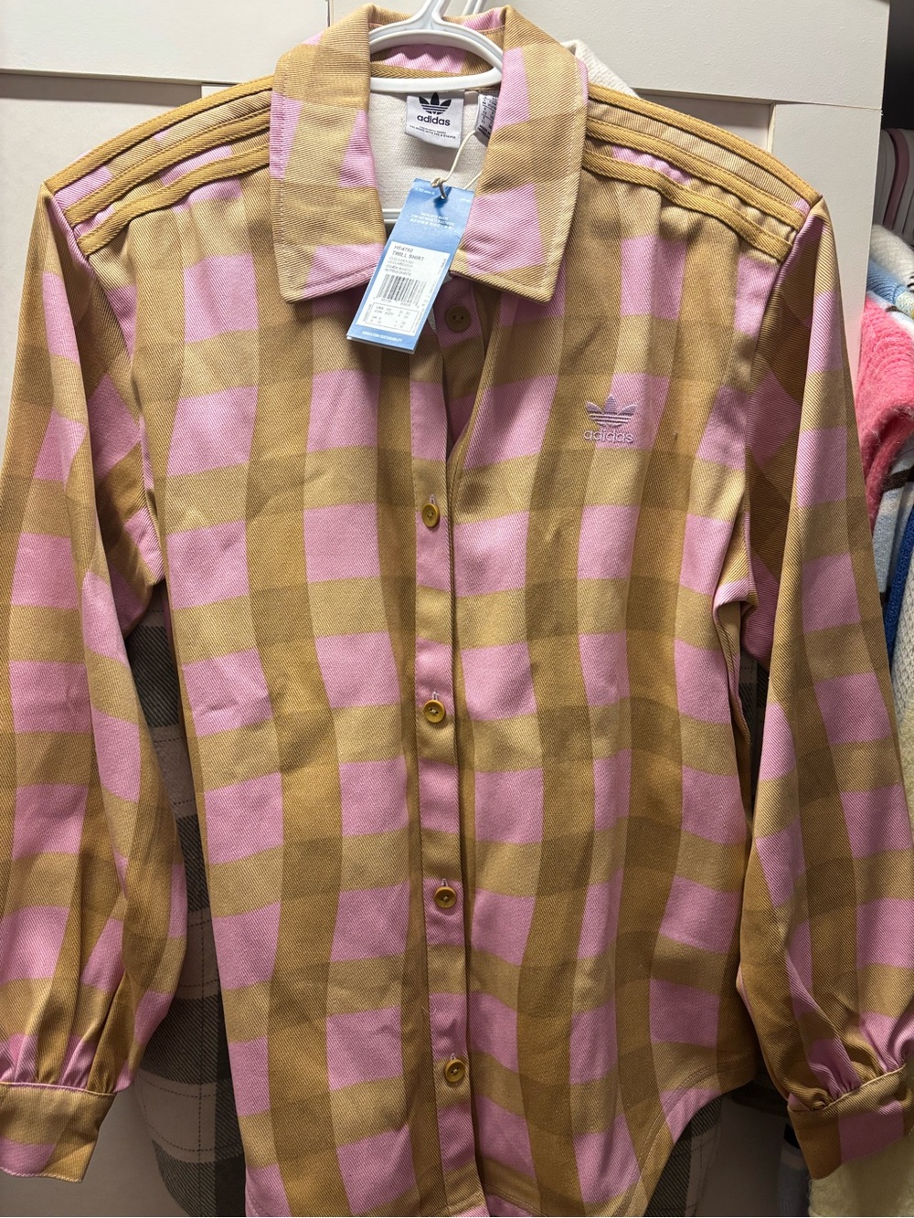 adidas womens Pink and Tan Check Button-Up Shirt